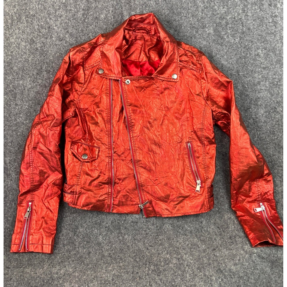Y2K Metallic Red‎ Moto Jacket Womens Cropped Biker Zip Punk Glam